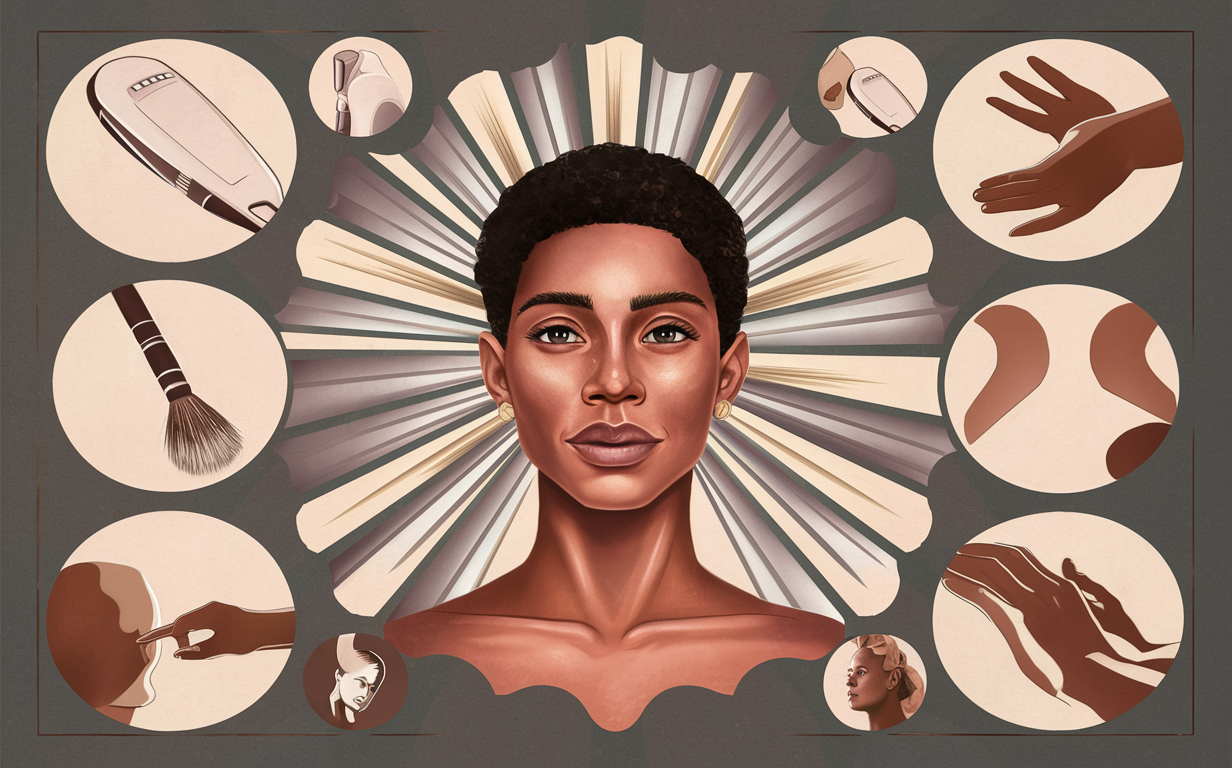 An illustration depicting various aesthetic services and beauty treatments, featuring a central portrait of a woman surrounded by images of makeup tools, beauty products, and body parts representing procedures like hair removal, makeup application, and cosmetic treatments.