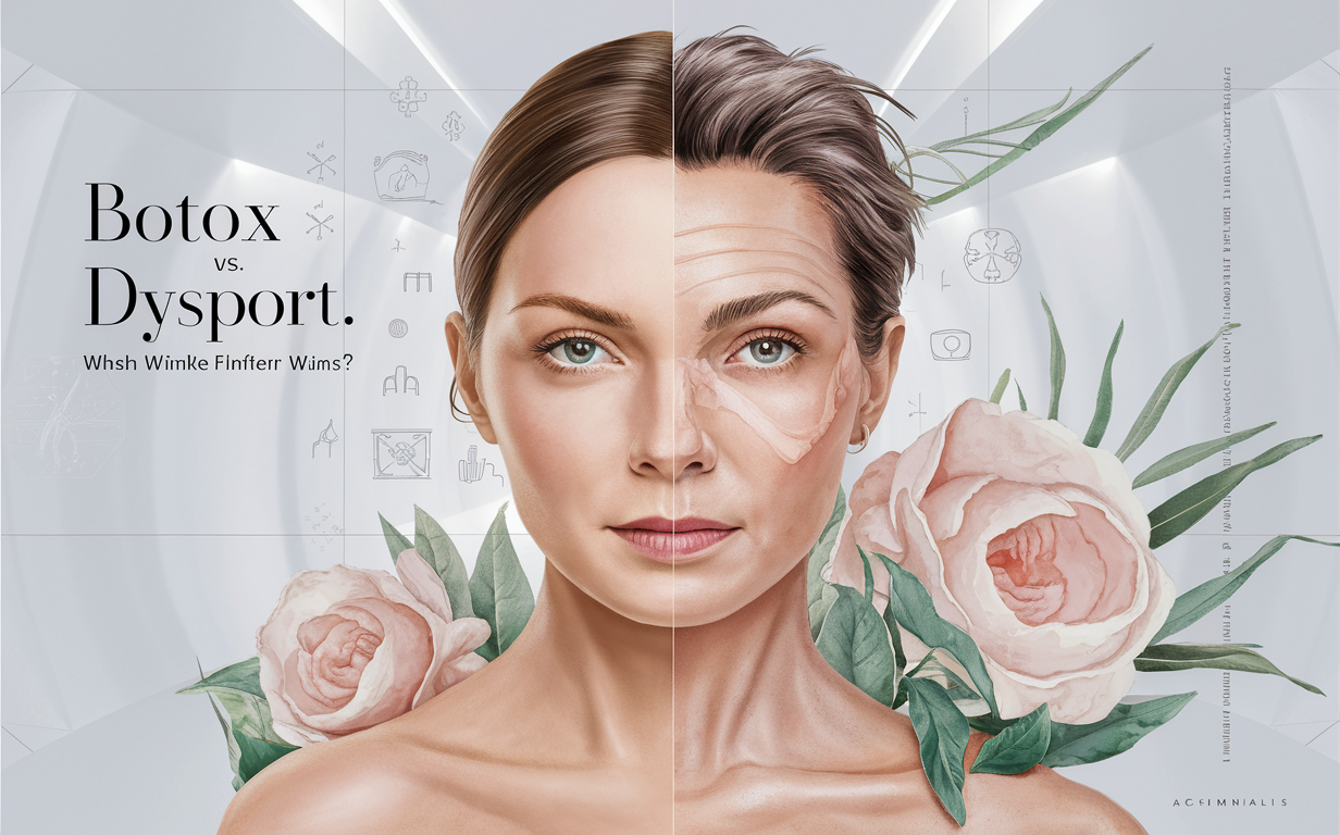 An illustration of a woman's face split into two sides, one with wrinkles and the other smooth, surrounded by roses representing the choice between Botox and Dysport for reducing wrinkles.