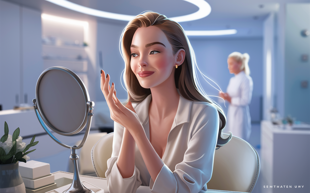 An illustration of a stylish woman examining her luscious lips in a mirror at a modern beauty clinic, with a professional staff member visible in the background.